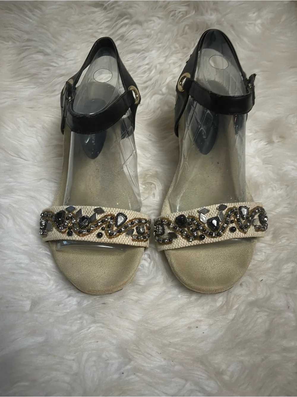 Cloud Walker By Avenue Cork Wedge Sandals Black Ankle Strap & Beaded Front SZ13W